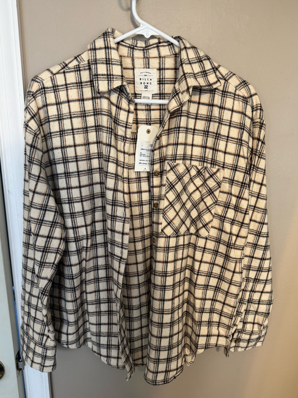 Billabong Plaid Button Down Shirt Antique White size small NWT